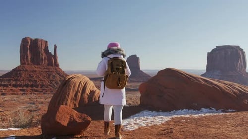 Young Happy Woman Enjoying Cinematic Nature Western Landscape in Monument Valley
