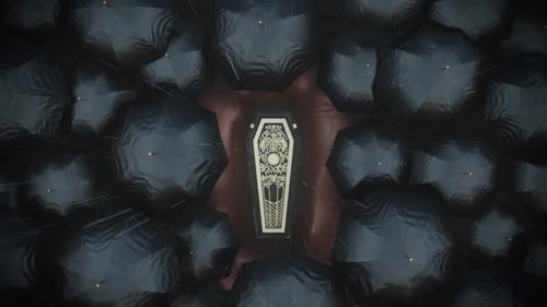 Ornate Coffin Surrounded by Umbrellas in the Rain