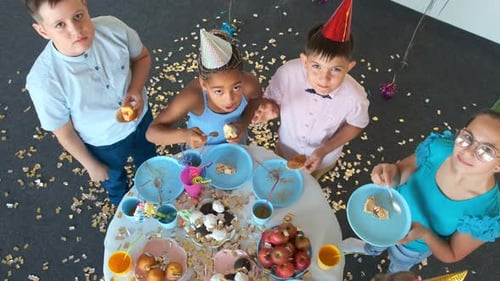 Friends Eat Tasty Snacks Celebrating Birthday at Table
