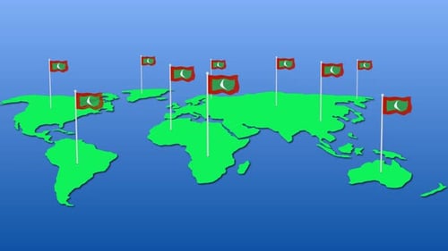 Animated World Map with Waving Maldives Flags Across Continents