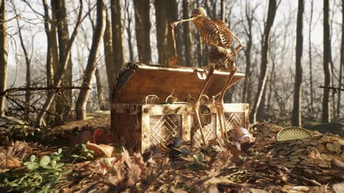 Animated Skeleton Reveals Hidden Treasure Chest in Enchanted Forest