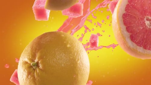 Pomelo con rodajas cayendo sobre fondo naranja