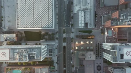 AERIAL: Breathtaking Overhead Birds Eye View of Downtown Los Angeles California in Beautiful Sunset
