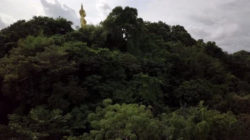 Une prise de vue aérienne lente révélant une statue de Bouddha, un temple et des champs au loin
