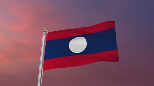 Waving Laos Flag Animation Against a Sunset Sky