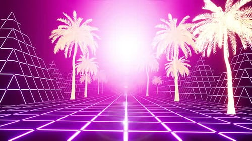Retro 80s Style Neon Grid Road Journey with Palm Trees and Pyramids