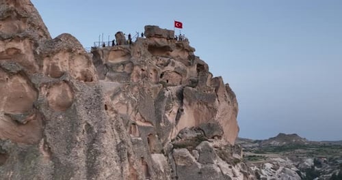 Aerial View of Natural Rock Formations in the Sunset Valley with Cave Houses in Cappadocia Turkey