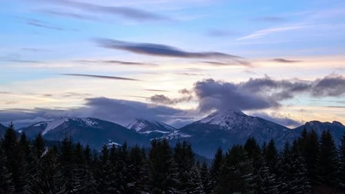 Winter Mountain Landscape at Dusk Clouds Over Mountain Alpine Peaks