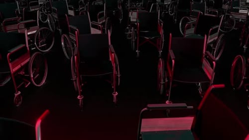 Empty Wheelchair Rows in Dark Red Lit Medical Facility