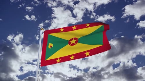 Realistic Grenada Flag Waving in Blue Sky with Clouds