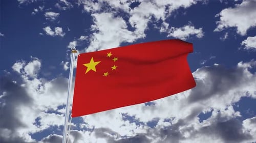 Chinese National Flag Waving in Blue Sky