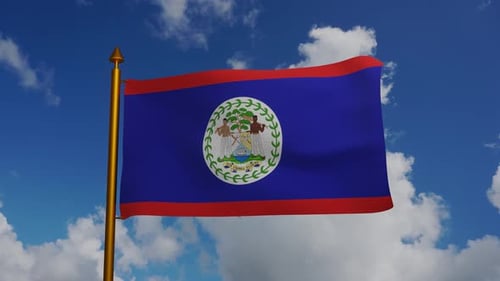 Nationalflagge von Belize winkt mit Fahnenmast und Zeitraffer des blauen Himmels