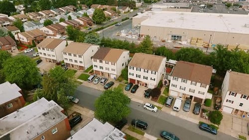 Drone Aerial View Establishing Shot American Neighborhood Logistics Center Warehouse Suburb