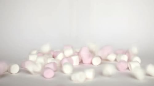 Pink and White Mini Marshmallows Falls on White Background, Sweet Food