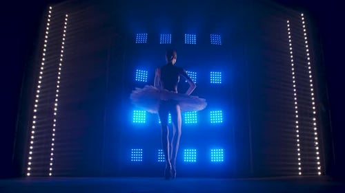 Elegant Ballerina Performing on Stage with Blue Lights