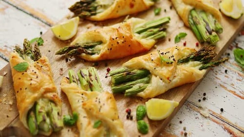 Grilled Green Asparagus and Cheese Puff Pastry Folded As Envelope and Topped with Black Sesame