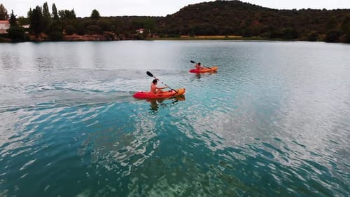 Aerial View of Kayakers on Rural Lake