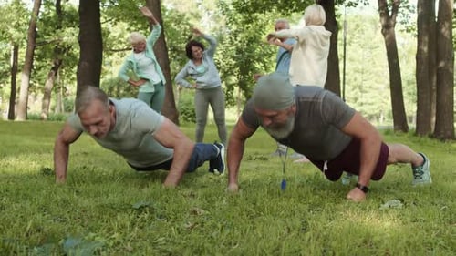 Adults Doing Push-ups and Exercising in Park