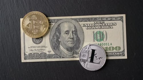 Hundred Dollar Bill with Bitcoin and Litecoin