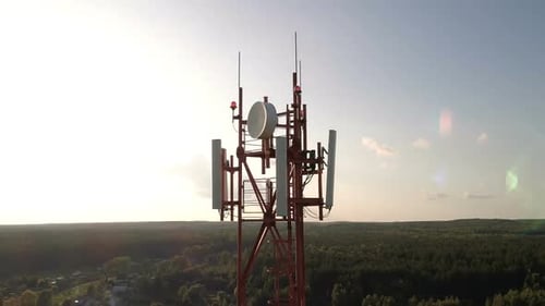 Aerial Shot Around of Telecom Tower in a Rural