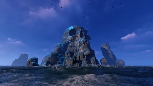 Glowing Skull Island in Rough Ocean Water with Flying Birds
