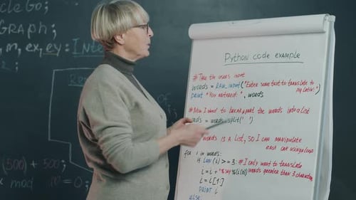 Fröhlicher IT-Tutor erklärt Softwaresprache, zeigt auf Tafel und spricht online