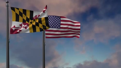 Maryland State and American Flags Waving Seamlessly in Sky