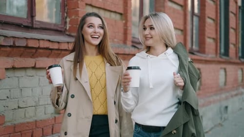 Happy Pretty Girls Are Walking Around the City Together. Teen Friends Are Talking and Laughing