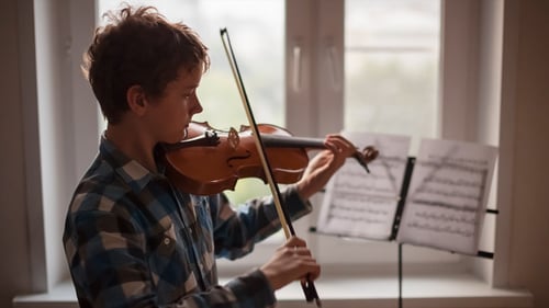 Teen Plays Violin Indoors by Window