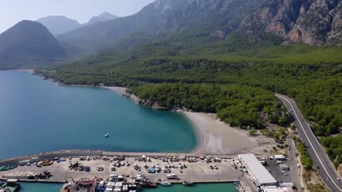 Aerial Drone View of the Mountains and Sea Bay