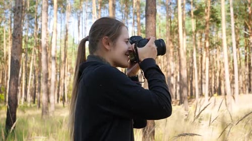 Woman Takes Photos in Pine Forest Sunlight