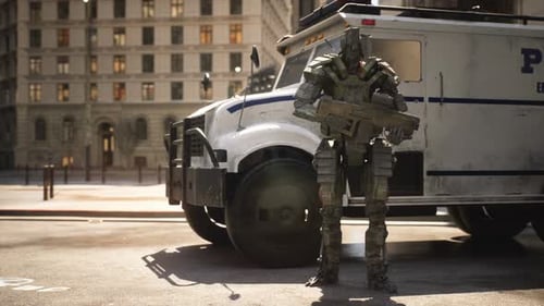 Futuristic Robotic Police Soldiers on City Street Patrol