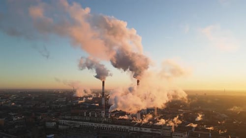 Cityscape sunrise Factory chimney smoke building steam thermal power plant