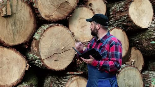 Ein Holzfälleringenieur arbeitet auf einem Tablet vor dem Hintergrund gefällter Baumstämme, einem Konzept der Moderne