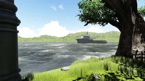 Realistic 3D Animated Yacht Cruising on Choppy Water