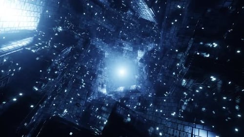 Futuristic Digital Tunnel Fly-Through with Glowing Cubes