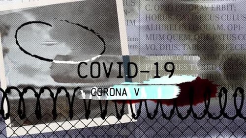 Words Covid-19 Corona Virus written over scraps of paper and blurred text with coronavirus pandemic