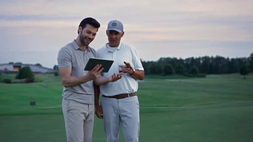 Two Golfers Search Tablet on Field Landscape