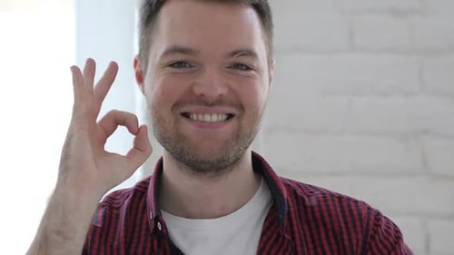Young Adult Man Gives Okay Sign Close Up