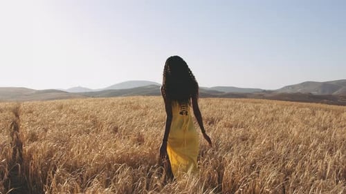 Woman in Yellow Dress Walking in Open Wheat Field with Arms Held Open