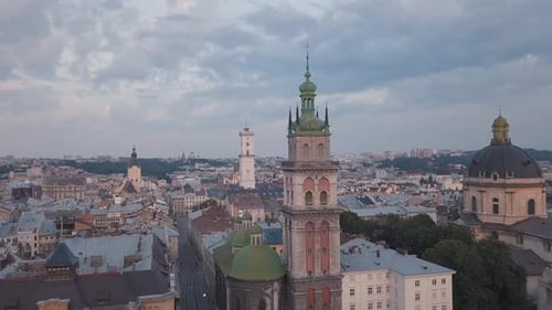 Aerial City Lviv, Ukraine. European City. Popular Areas of the City. Town Hall