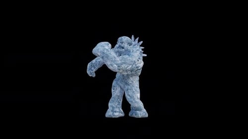 Animated Ice Monster Character Performing Punching and Flexing Actions