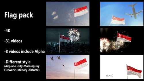 Singapore Flag Waving Animations Pack with Alpha Channel