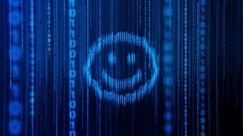 Futuristic Digital Binary Code Data Stream Reveals Smiley Face Icon