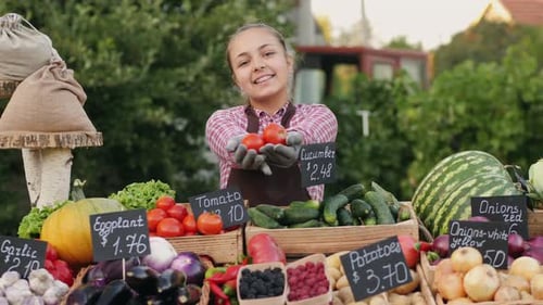 Girl Teenager Assistant Farmer Standing Behind the Counter at the Farmers Market