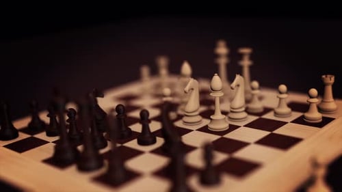 3D Animated Chessboard with Strategic Pieces Camera Pan