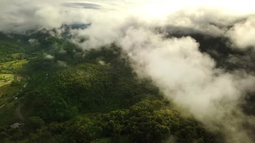 Luftaufnahme fliegt über üppig grünen tropischen Regenwaldberg mit Regenwolkenbedeckung während der R