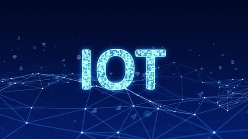 Blaues digitales IOT-Logo mit Leitungsverbindung und futuristischer Technologiesymbolschwebe