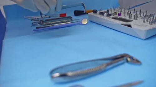 Dentist tools in dental office. Close up view of preparation of dental instruments before work