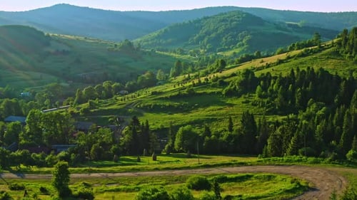 Drone Flies Above Countryside Mountains Landscape